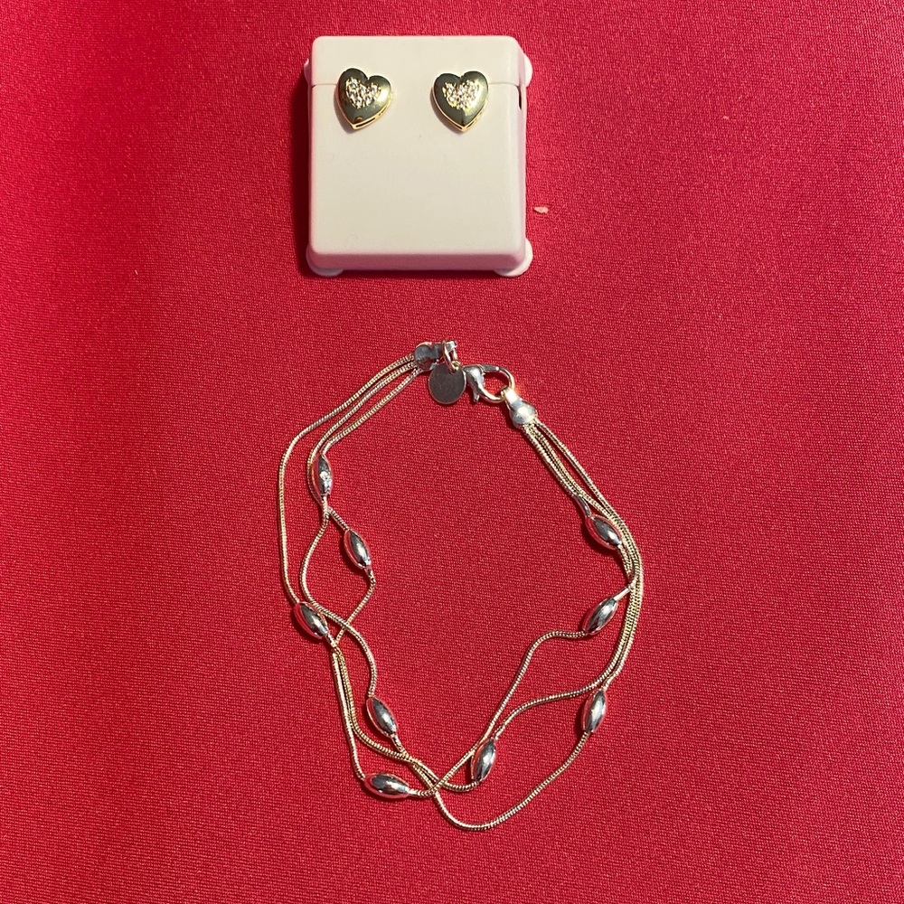 Elegant Gold Heart with crystal Earrings and Silver Beaded Bracelet Set